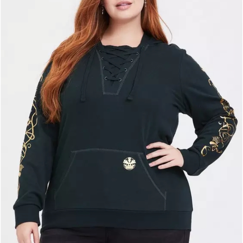 Plus Lace-Up Black Hoodie with Gold Sleeve Detail - Women
